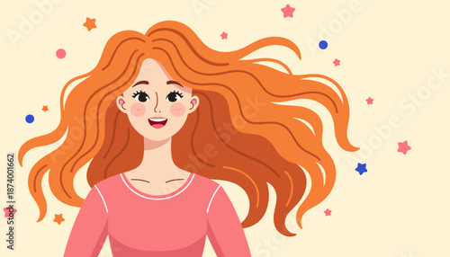 Cheerful young woman with long red hair against a pastel background  