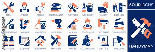 Handyman and home repair icons collection. Representing construction tools, maintenance services, renovation work, plumbing, electrical repair, painting, and building tasks. Solid vector icons set.