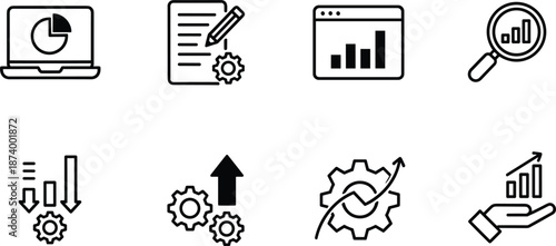 Professional business data icon set featuring laptop analytics document editing gear processes and financial growth bar chart symbols.
