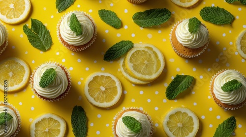 Flat lay with lemon cupcakes citrus slices mint leaves and a yellow polka-dot backdrop fresh and zesty