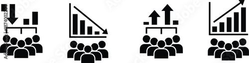 Professional black solid business icon set featuring team personnel and financial charts with upward and downward trending arrows.