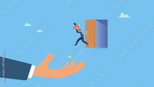 Brave businessman carrying stuffs escape jumping from exit door to helping giant hand. Change job or leaving company for new career opportunity, ambition and decision to change employer.