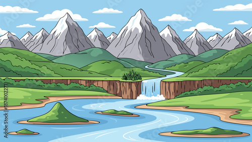 Vibrant cartoon illustration of a scenic mountain landscape with a river, waterfall, and islands