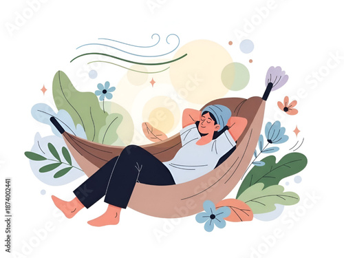 Relaxed Woman Lying in Hammock with Flowers and Leaves Illustration