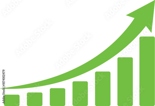 Professional green bar chart icon featuring an upward curving arrow for financial growth and business data success visualization.