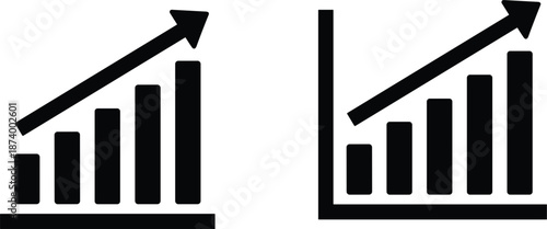 Professional black solid bar chart icon set featuring upward trending arrows for financial growth and business data analysis.