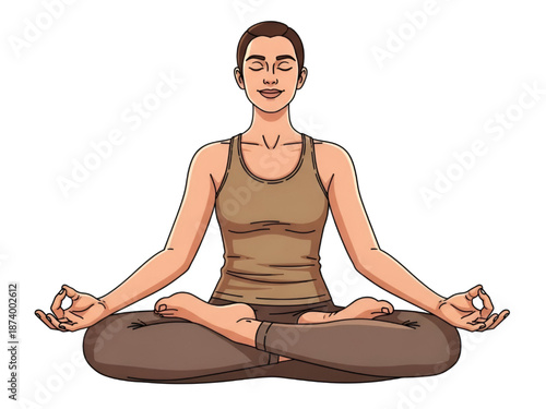 Woman Meditating in Lotus Position with Eyes Closed, Isolated on White Background, Vector Illustration