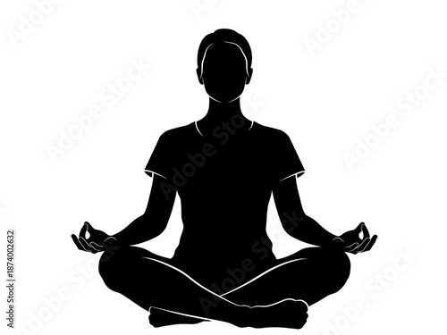 Woman Meditating in Lotus Position Silhouette on White Background
