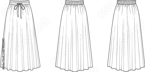 Women’s midi skirt technical flat sketch, elastic waistband with drawstring, pleated casual skirt vector fashion CAD template.