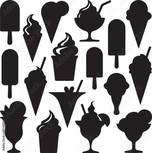 black silhouettes of various ice cream treats on white background