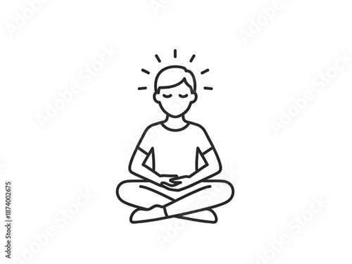 Man Meditating in Lotus Position with Aura, Simple Line Art, Isolated on White