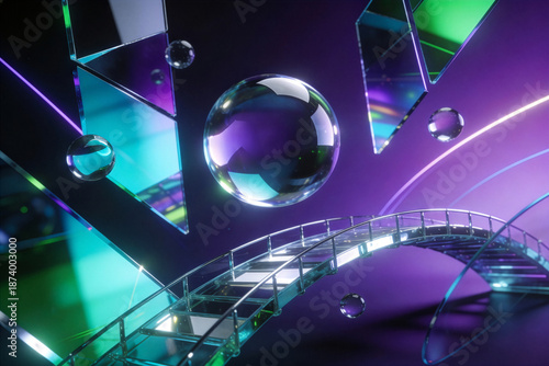 Colorful abstract background with copy space featuring glass shapes and reflections in purple, blue and pink hues