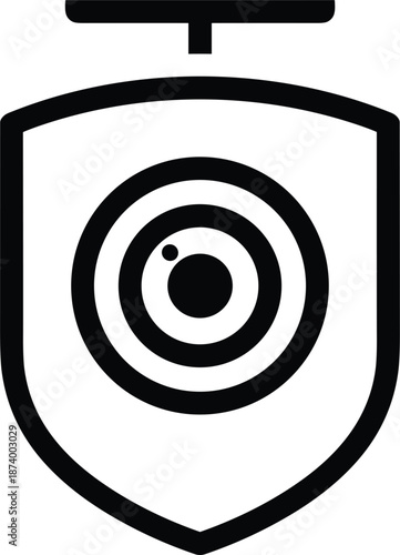 Professional black outline security camera shield icon featuring a central lens for surveillance protection and safety monitoring systems.