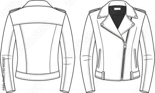 Women’s moto biker jacket, zipper closure, front pocket design, lapel collar, fashion flat cad drawing vector illustration
