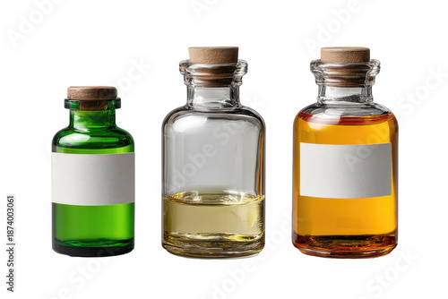 Three small glass vials filled with colorful liquid and capped with corks, against a dark backdrop