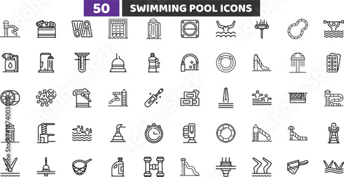 Swimming Pool Equipment and Maintenance Icons Set, Water Cleaning Pump and Service Vector Collection