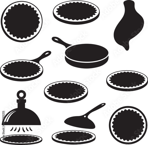 black silhouettes of various pizza pies and baking utensils on white background