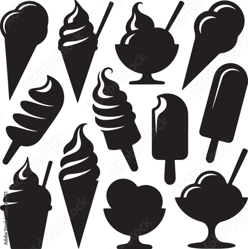 black silhouettes of various ice cream types on white background