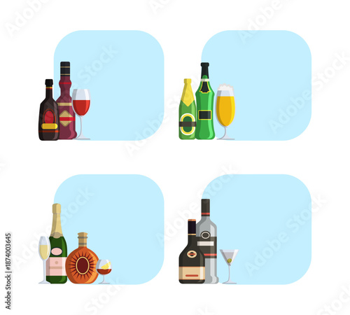 Alcoholic drinks. background with set of flat illustrations bottles and place for text