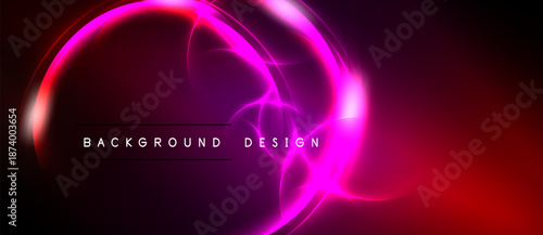 Abstract neon swirls, vibrant pinks, reds over black backdrop. Modern design element, dynamic energy radiates outward.