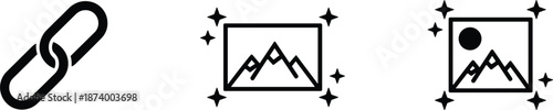 Professional black outline icon set featuring a link chain and landscape mountain photo symbols for web interface design.