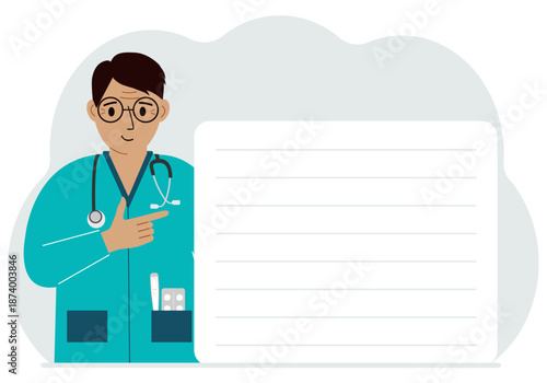 Happy Doctor holding a file with blank paper for text. Vector