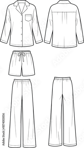 Women’s pajama set fashion flat sketch, including long sleeve shirt, shorts and pants, vector template, sleepwear clothing CAD illustration