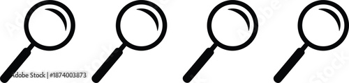 Professional black outline magnifying glass icon set featuring four search glass symbols for interface design and data inspection.