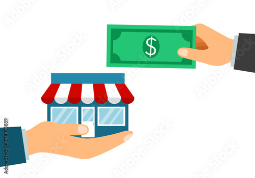 Businessman using money to buy business. Takeover concept