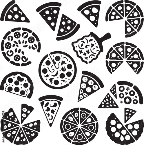 collection of various pizza slices and whole pizzas