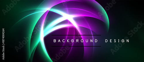 Abstract neon lights create dynamic curves, vibrant colors. Dark background emphasizes glowing shapes, modern design elements present.