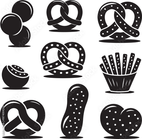 Collection of various pretzels and bread icons in black silhouette