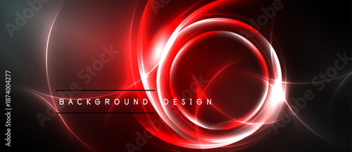 Abstract red design features glowing circular elements. Dark background enhances vibrant light effects, creating dynamic visual impact.