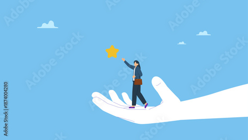 Confidence businesswoman standing on big hand to take a star reward. Employee success recognition, encourage and motivate best performance, cheering or honor on success or achievement.