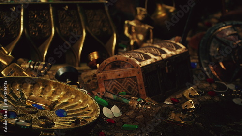 Fotografie A rich collection of gold coins and gemstones sprawls across a dark surface