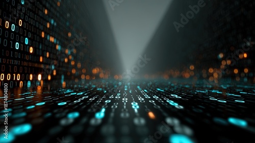 Binary code morphing into ethereal landscapes abstract tech background