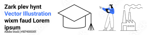 Graduation cap, woman holding clipboard pointing forward, factory emitting smoke. Ideal for education, industry, progress, career growth, workforce development, academic success simple landing page