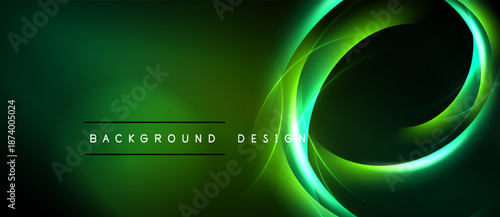 Dark green background features bright neon swirls. Abstract design evokes energy, motion, futuristic vibes. Text reads background design.