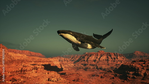 Foto A humpback whale swims gracefully above stunning red rock formations, creating a surreal contrast against the clear evening sky