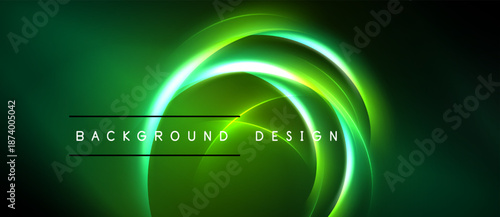 Abstract green neon swirls create dynamic background. Text reads background design in white. Dark space surrounds bright curves.