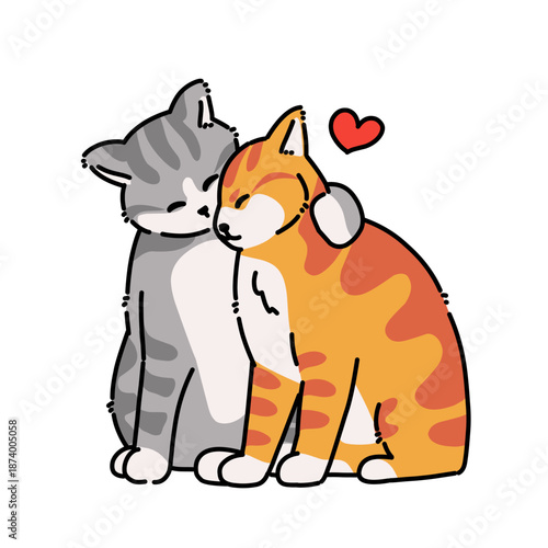 Two cats cuddling with hearts above them in warm colors. Cute Valentine illustration.