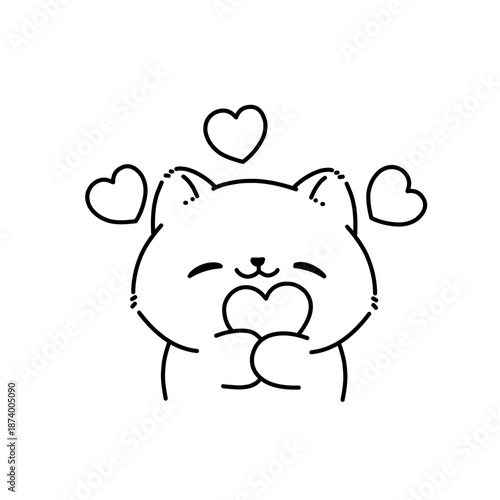 Smiling cat hugging a heart in simple line art style.