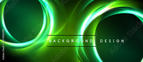 Abstract neon lines create dynamic green background. Circular shapes overlap, forming flowing patterns. Dark edges frame vibrant design.