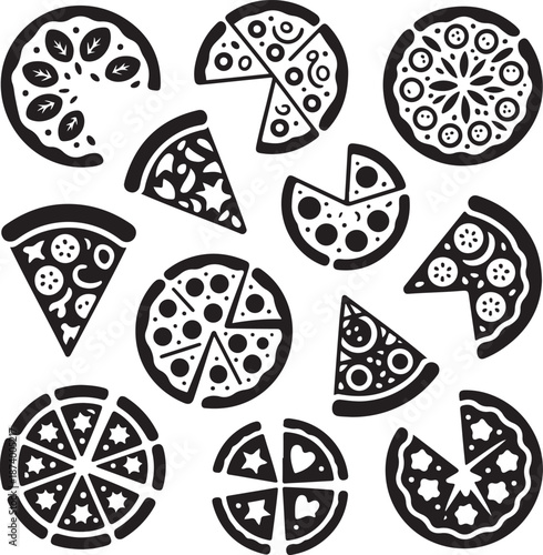 set of black and white pizza icons and slices top view