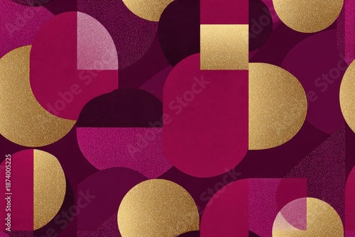 Bold raspberry geometric repeat print modern abstract shapes deep reds and gold accents luxurious textile or wallpaper seamless pattern background