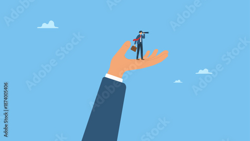 Businessman stand on support hand look into telescope vision. Vision to see opportunity, support or empowerment for career development, success opportunity or visionary to see journey ahead.