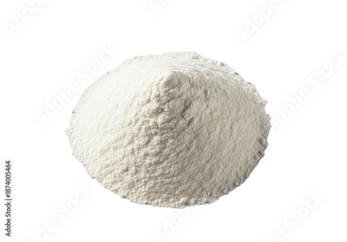 Pristine, finely milled white flour mound with soft texture and gentle undulations, isolated on a bright white studio background with copy space, concept of wholesome simplicity
