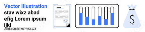 Test tubes filled with blue liquid, signed document, and dollar-marked money bag. Ideal for science, research, funding, budgeting, financial planning, laboratory work and simple landing page