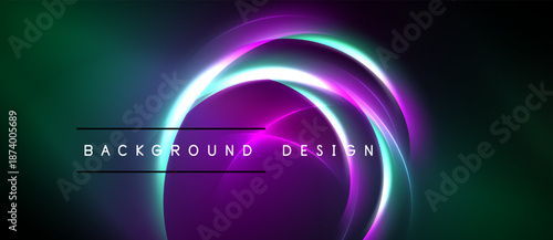 Abstract neon circles overlap dark background. Vibrant purple, green hues create dynamic visual effect. Text reads background design.