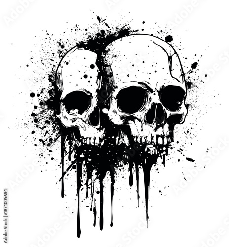 Hand drawn illustration of two skulls depicting a grunge ink splatter effect for a dark design